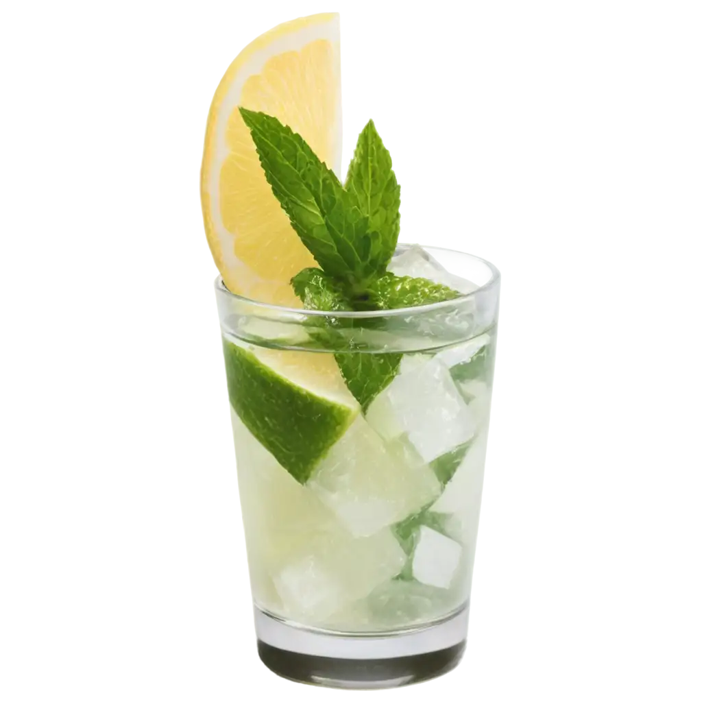 Ice-Cubes-in-Drinking-Glass-with-Lemon-Mojito-Slice-PNG-Image-for-Clear-HighQuality-Visuals