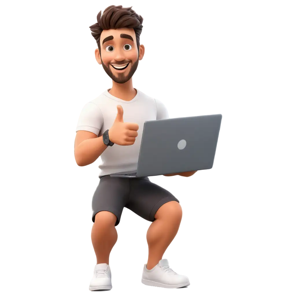 PNG-Image-of-Happy-Young-Man-with-Stubble-Beard-Showing-Thumb-Up-Gesture-with-Laptop-in-3D-Cartoon-Style