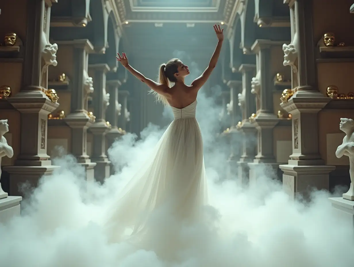 Dancer-in-White-Surrounded-by-Smoke-and-Marble-Statues-in-a-Fantastic-Museum