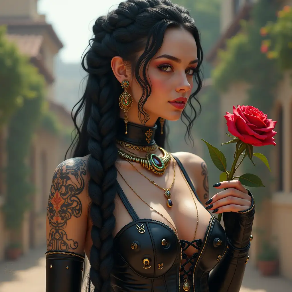 user_prompt: Hyperrealistic of a beautiful white woman with henna tattoo, futuristic long black braided hair with laced up boots holds a rose in her hand that has intricately detailed, colorful and futuristic jewelry. Terrace background blur 120mm shot