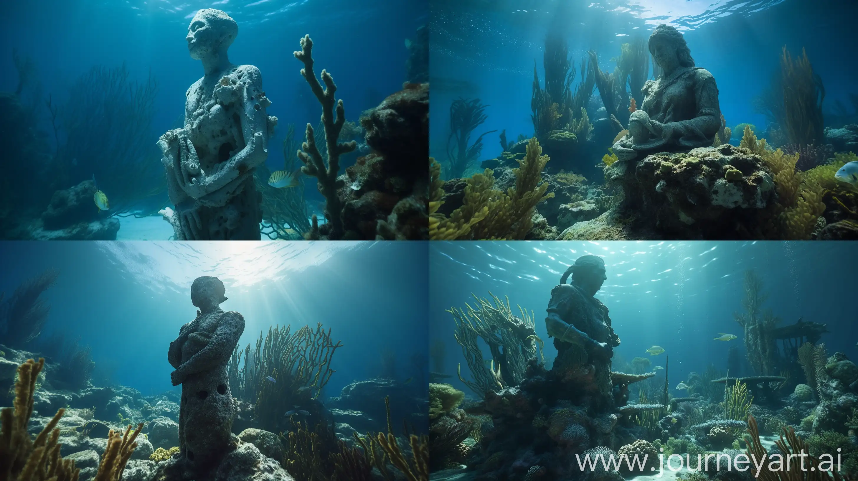 Marble-Statue-Underwater-with-Silver-Sword-and-Marine-Life