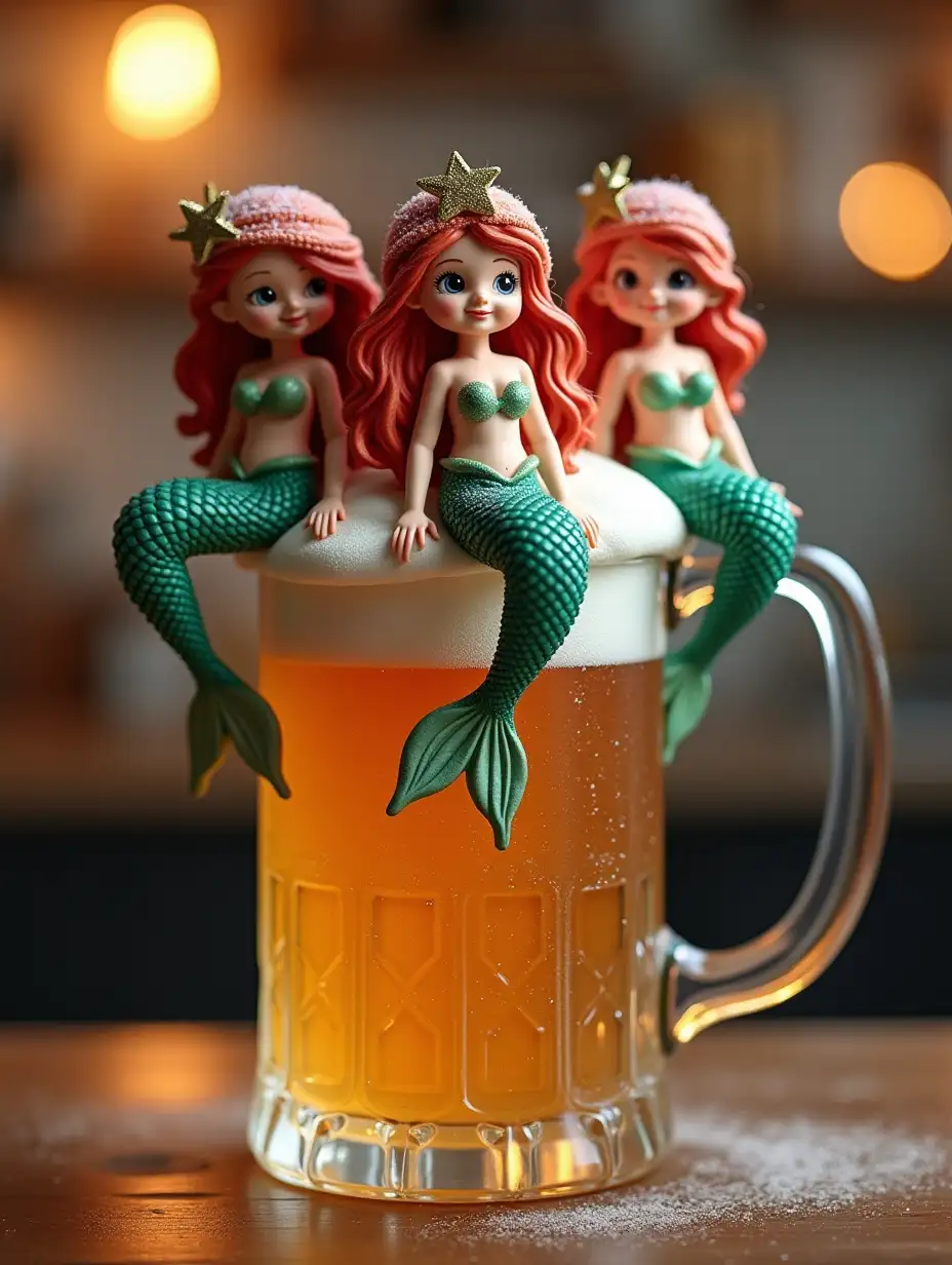 merry mermaids sitting on the rim of a large beer mug, which stands on the table, and happily looking at us