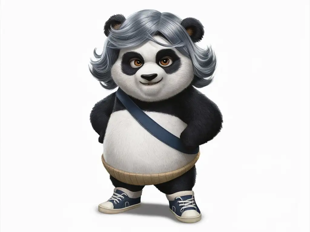 Cute panda, wearing a wig with gray hair parted in the middle, wearing sling canvas shoes, full body anthropomorphic