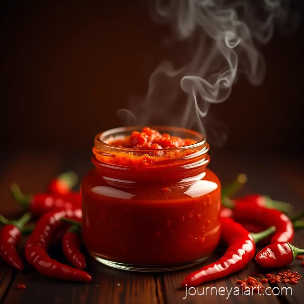Glass-Jar-of-Spicy-Red-Chili-PasteChili-paste-in-jar-Surrounded-by-Fresh-Chili-Peppers-with-Flame-and-Smoke-Effects