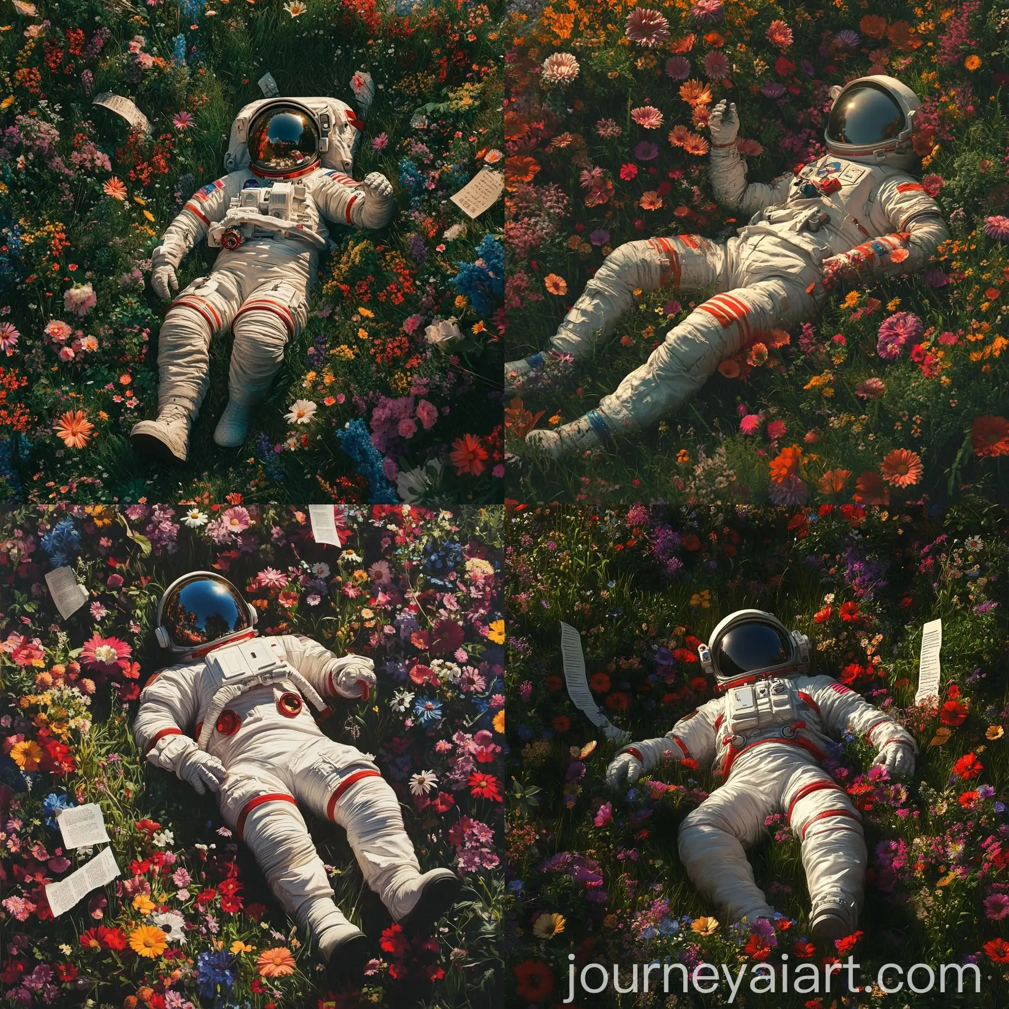 Astronaut-Resting-Among-Multicolored-Flowers