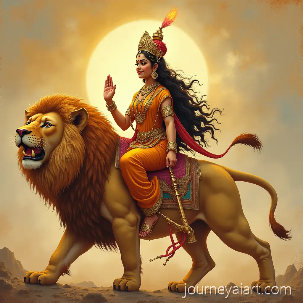 Goddess-Durga-Riding-a-Lion-Blessing-a-Young-Girl-in-a-Divine-Scene