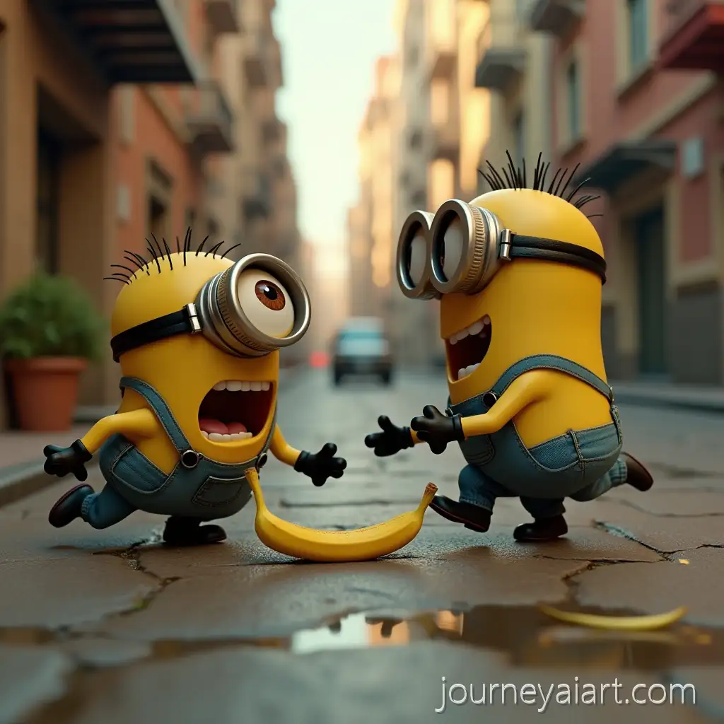 Cyberpunk-Minions-Chasing-Banana-in-Futuristic-Cityscape-3D-Action-Scene