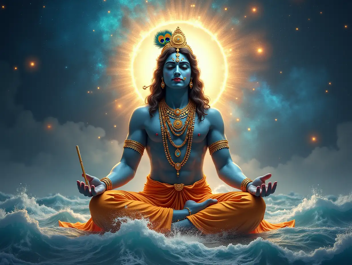 Handsome-Lord-Krishna-Meditating-Amidst-a-Cosmic-Ocean-with-Divine-Aura-and-Flute