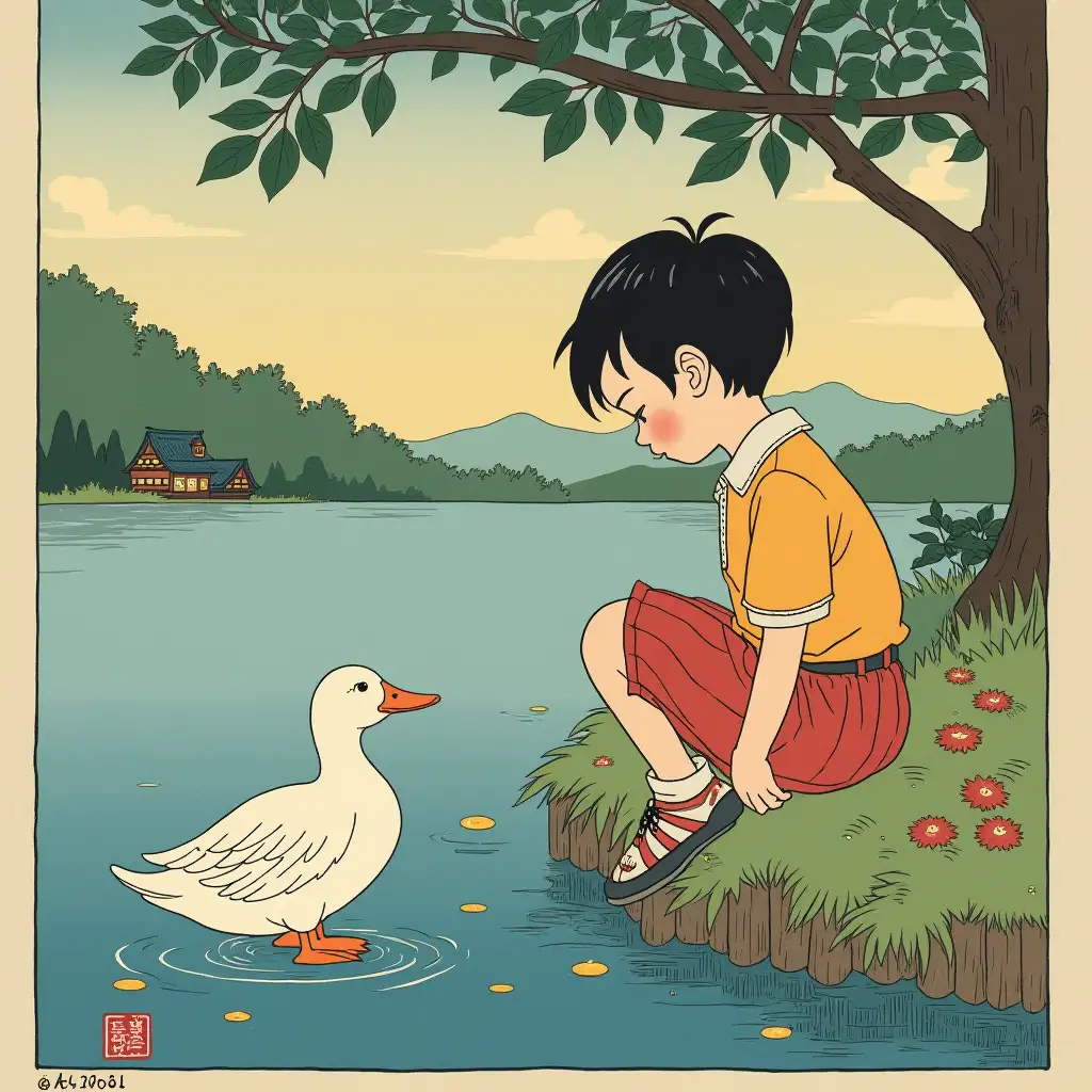 Ukiyoe Art Young Boy with Duck at the Pond