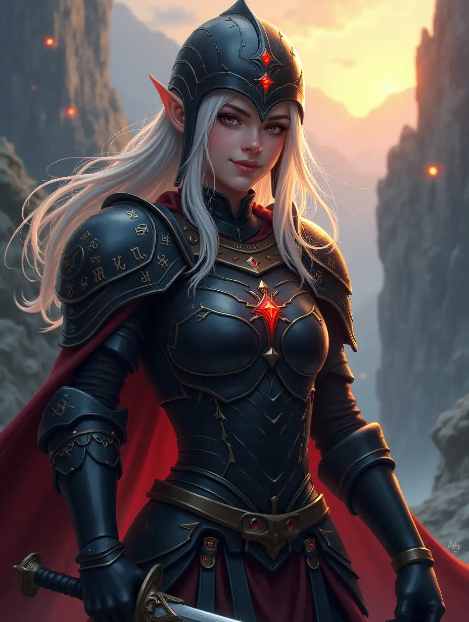 1 girl, dark elf, smirk, long ears, wet hair, short hair, strong wind, white hair, tall figure, runes on the dark armor, rubies on helmet, fantasy magick, mistick flames, twinkling lights, detailed helmet, runes on the helmet, longsword in hand, silver longsword, glare, radiance, runes on the armor, patterns on the armor, background, focus on the background, dawn, forest thicket, mountains, rocky cliff, beautiful, detailed