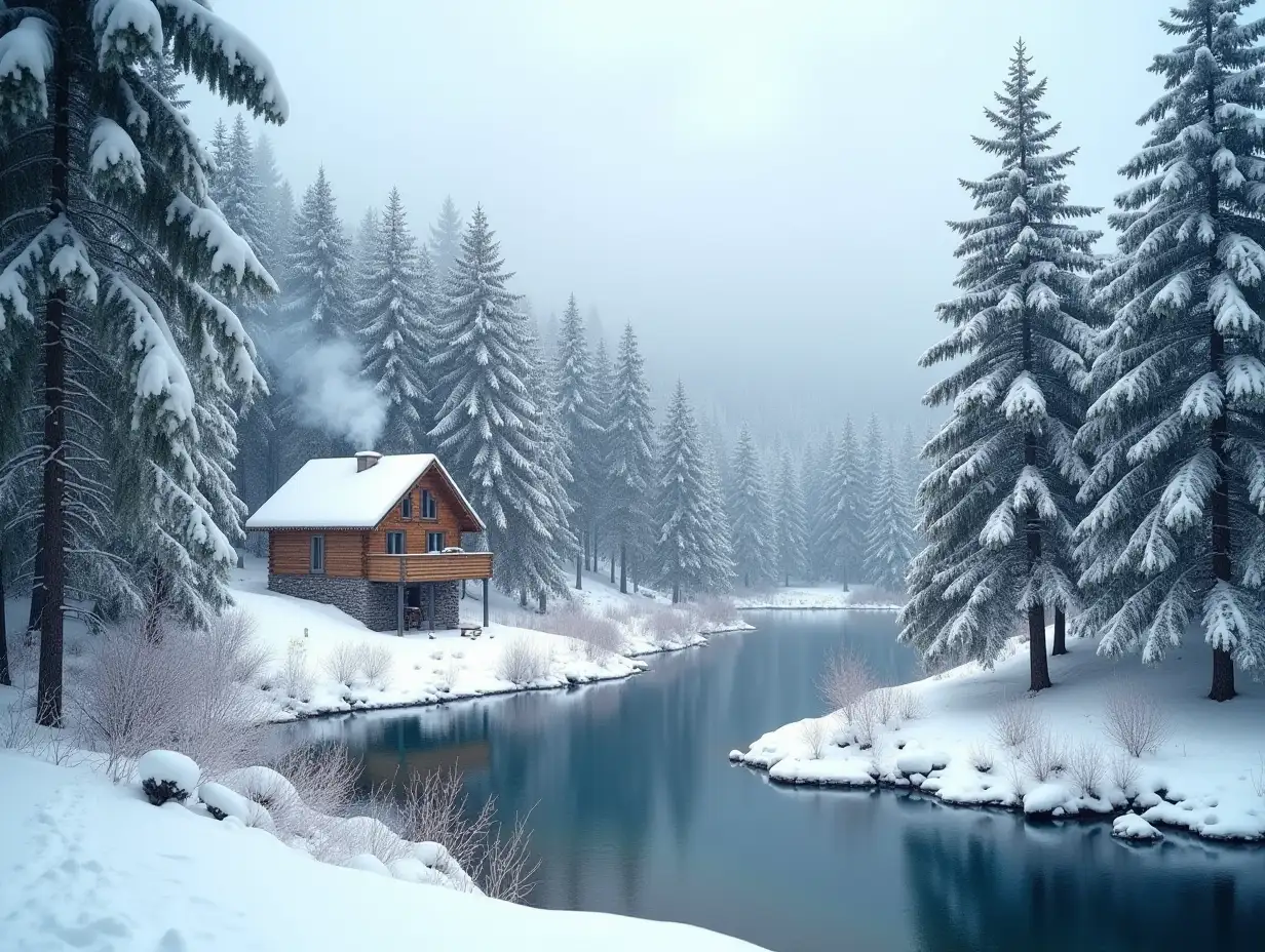 Winter-Landscape-with-SnowCapped-Pines-and-Wooden-House-by-a-Lake