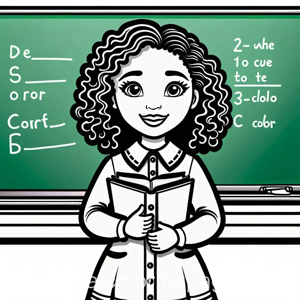 A young Black girl wearing professional attire, holding a book, and standing in front of a blackboard with curly /wavy hair .Coloring Page, black and white, line art, white background, Simplicity, Ample White Space. The background of the coloring page is plain white to make it easy for young children to color within the lines. The outlines of all the subjects are easy to distinguish, making it simple for kids to color without too much difficulty, Coloring Page, black and white, line art, white background, Simplicity, Ample White Space. The background of the coloring page is plain white to make it easy for young children to color within the lines. The outlines of all the subjects are easy to distinguish, making it simple for kids to color without too much difficulty