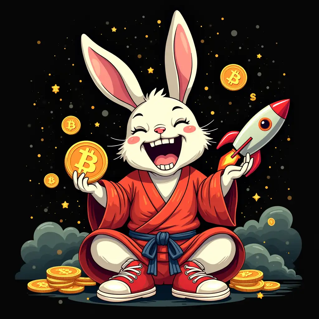 illustration suitable for screen printed T-Shirt design, concept art with mixed vegan anthropomorphic colorful big crazy screaming Japan kung fu rabbit with golden teeth wearing a kimono holding with his both hands bitcoin giant coin wearing big red sneakers, rabbit sitting in a pose of meditation with closed eyes while upper his hand is huricane of money and bitcoins crypto coins , etherium crypto coin mooving on the rocket to the moon, is a bitcoin $ rain over him by lying on the floor, there is a written word upper: Wushu KICK IT! star skies with flying bitcoins, CGI art highly detailed, vector Flat design, clean bold, sharp crisp outlines, isolated in black background