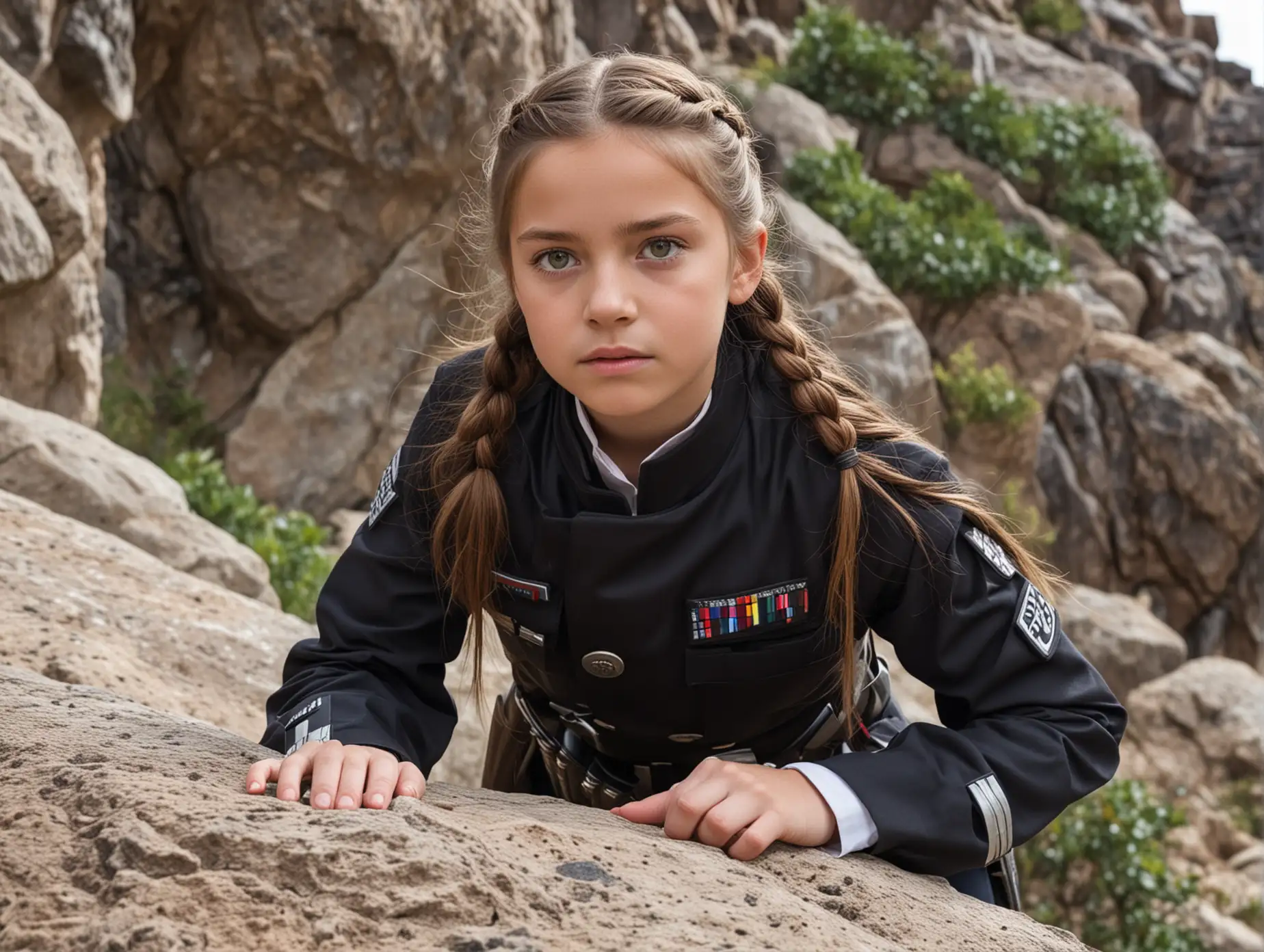 girl, 11 year old, long brown hair, braided hair, Star Wars, Imperial Staff Officer uniform, black uniform, serious facial expression, green eyes, low camera angle, climbing rocks