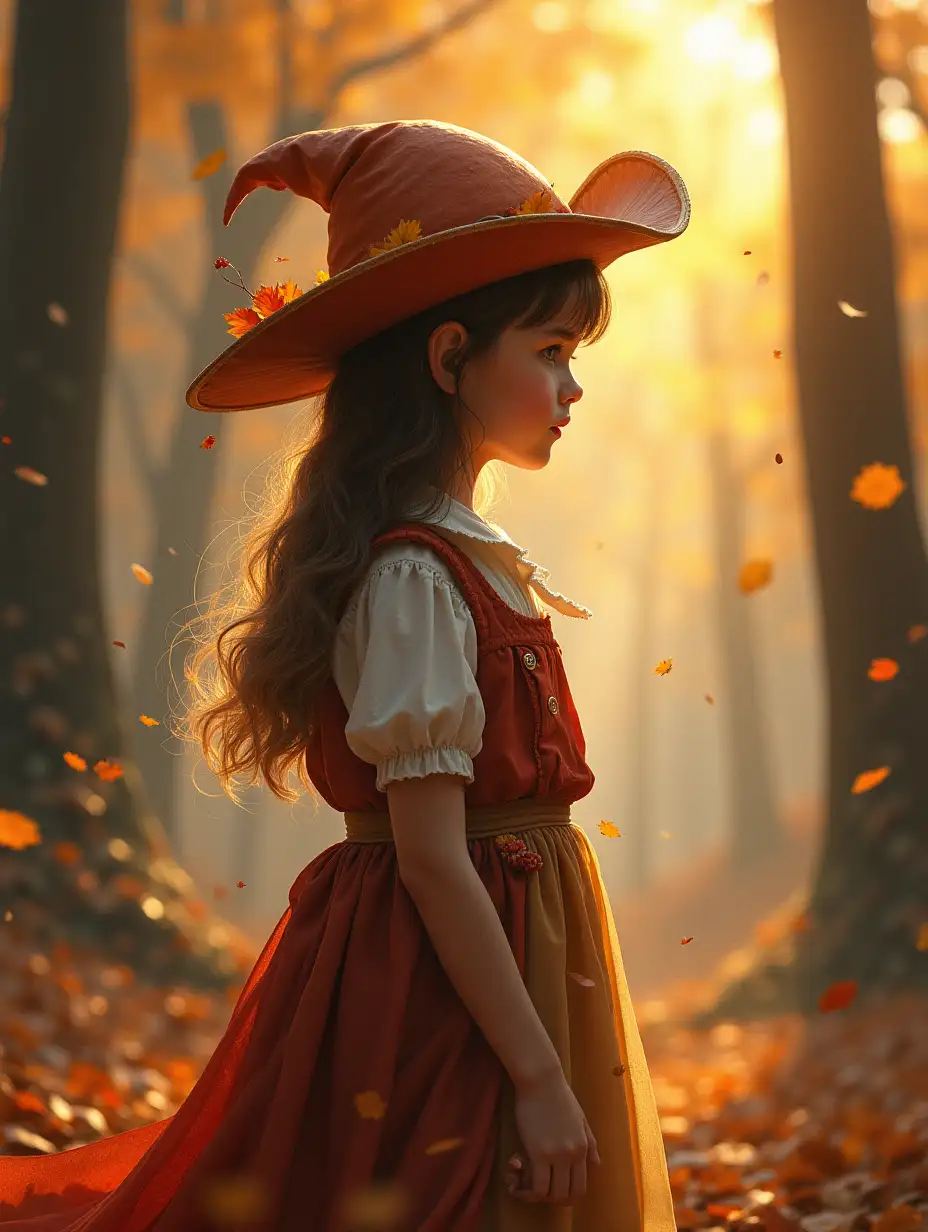 A girl in a late autumn costume, around forest, sun, clean air, realistic art