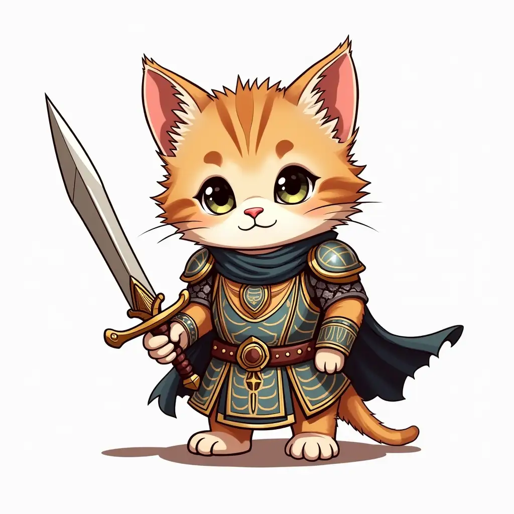 Draw a little kitten in armor with an Egyptian-style sword.