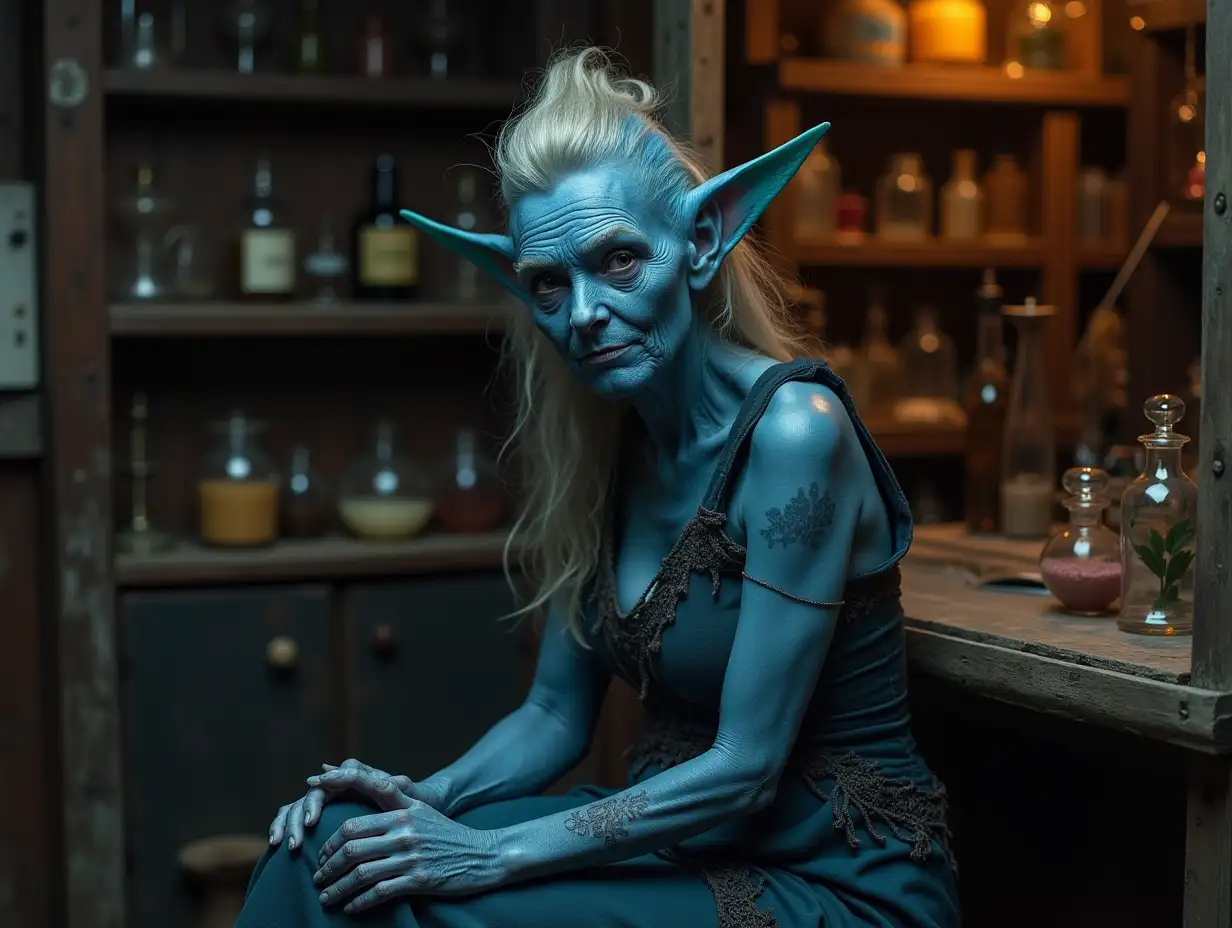 Elderly blue skinned triton woman with fins instead of ears, sitting in a magic shop.