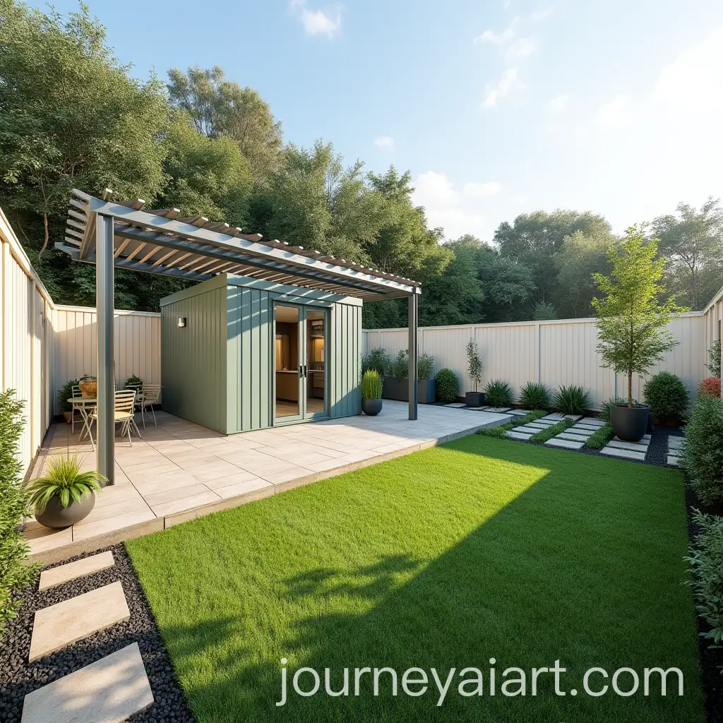 Modern-Garden-with-Pergola-Shed-and-Footpath