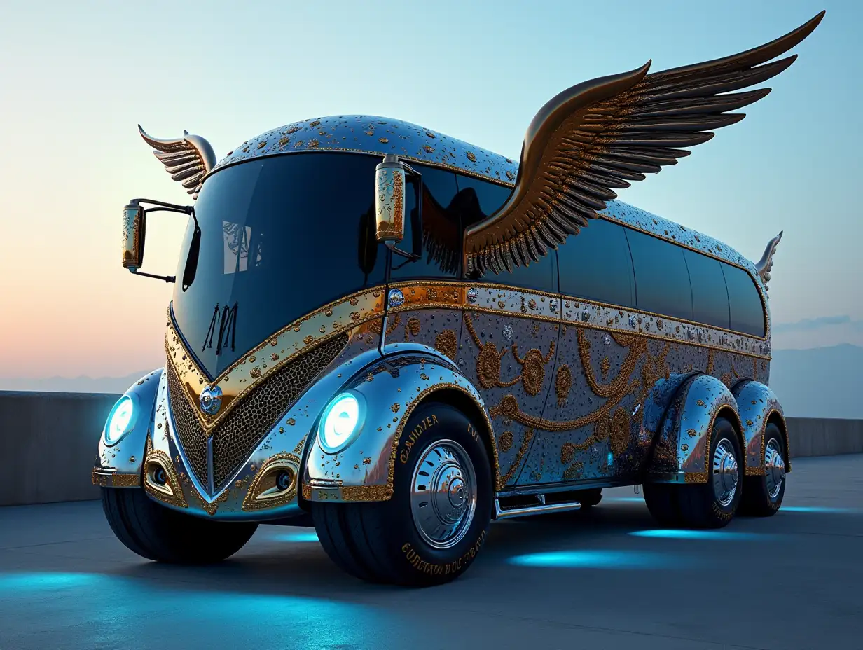 A super modern bus with wings, 20 wheels and blue LED headlights, gold white black steampunk