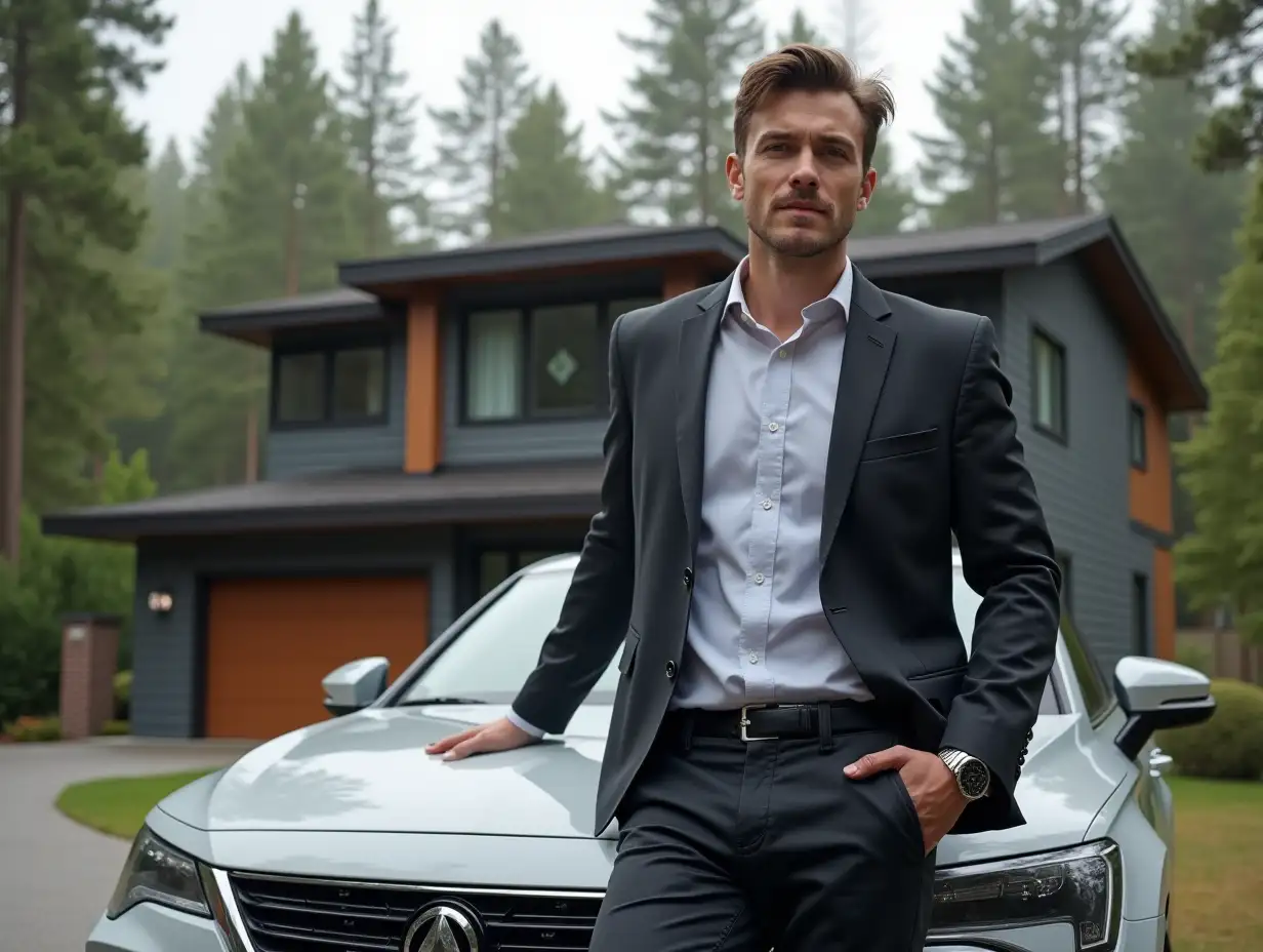 young man in office outfit full height ,full height  leaning on car hood  in front of a two-story modern house with a flat roof on the driveway pine forest , fotorealistic face dettaling