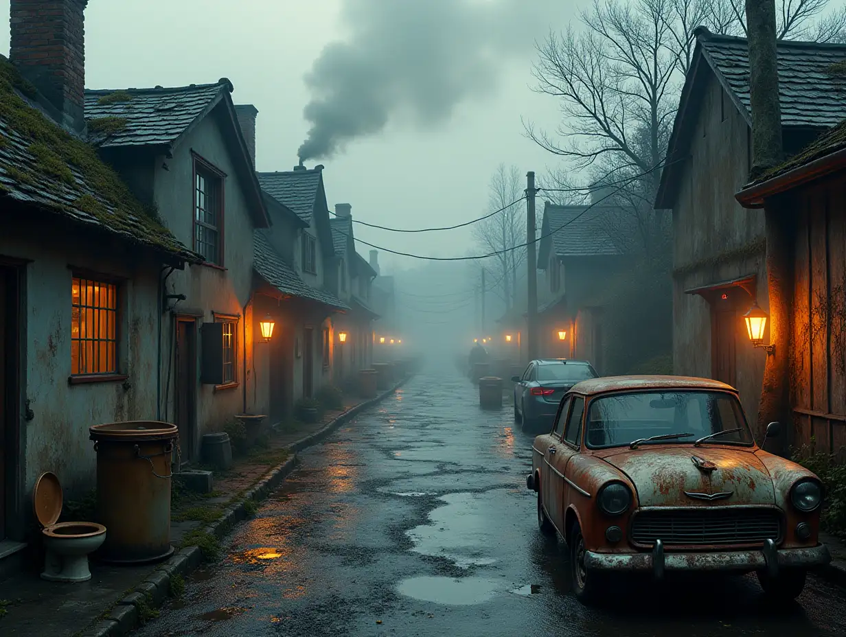 Creating a digital photo of a street with old dilapidated houses with chimneys and smoke, lying garbage cans on the street with brown soup hints and illuminated toilets with rusty iron and a river with floating paint fog and rusty lanterns and a rusty car with broken windshield