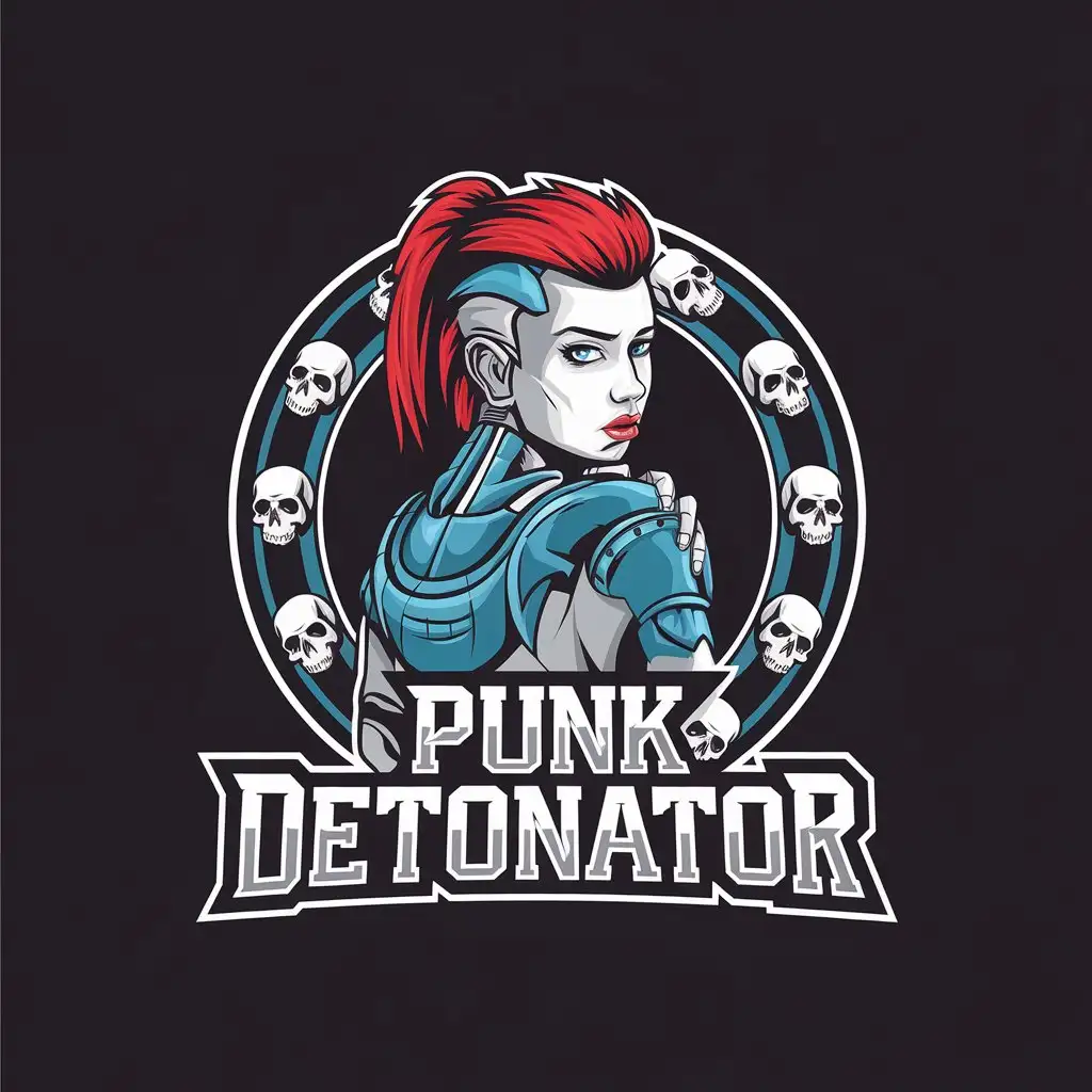 LOGO Design for Punk Detonator CyberpunkInspired RedHeaded Punk Girl with Skulls