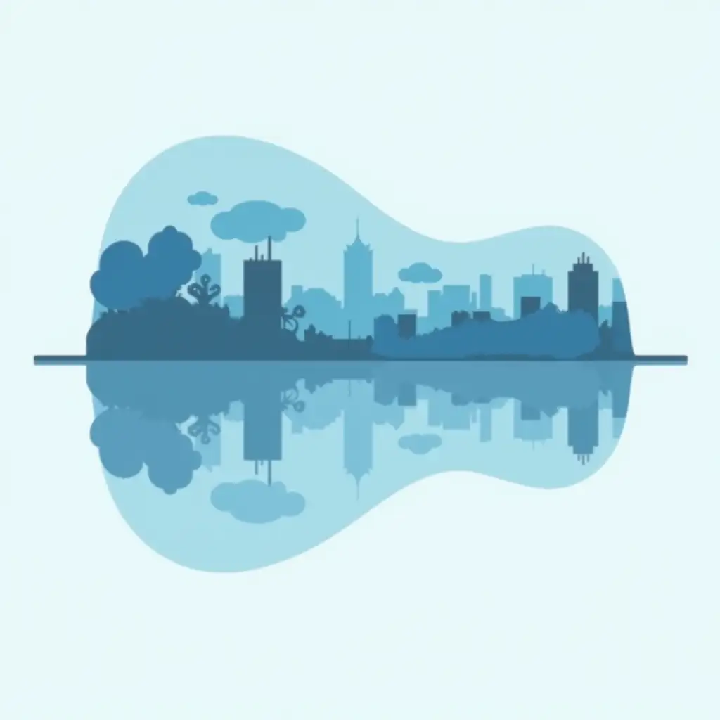 A stylized illustration features a horizontal arrangement of trees and a cityscape, both in shades of blue and cyan. The trees are positioned on the upper half of the image with a reflection in the water below forming a guitar silhouette. The trees appear as silhouettes with different shades of blue, creating a gradual gradient. A skyline of city buildings is depicted beneath the trees. This too is rendered in a light blue to cyan color gradient.    The overall composition suggests a mirror effect, with the water below acting as a reflection of the contents of the upper half. The background is light gray, providing a sharp contrast to the colorful silhouettes. The image appears to be a design element depicting a guitar.