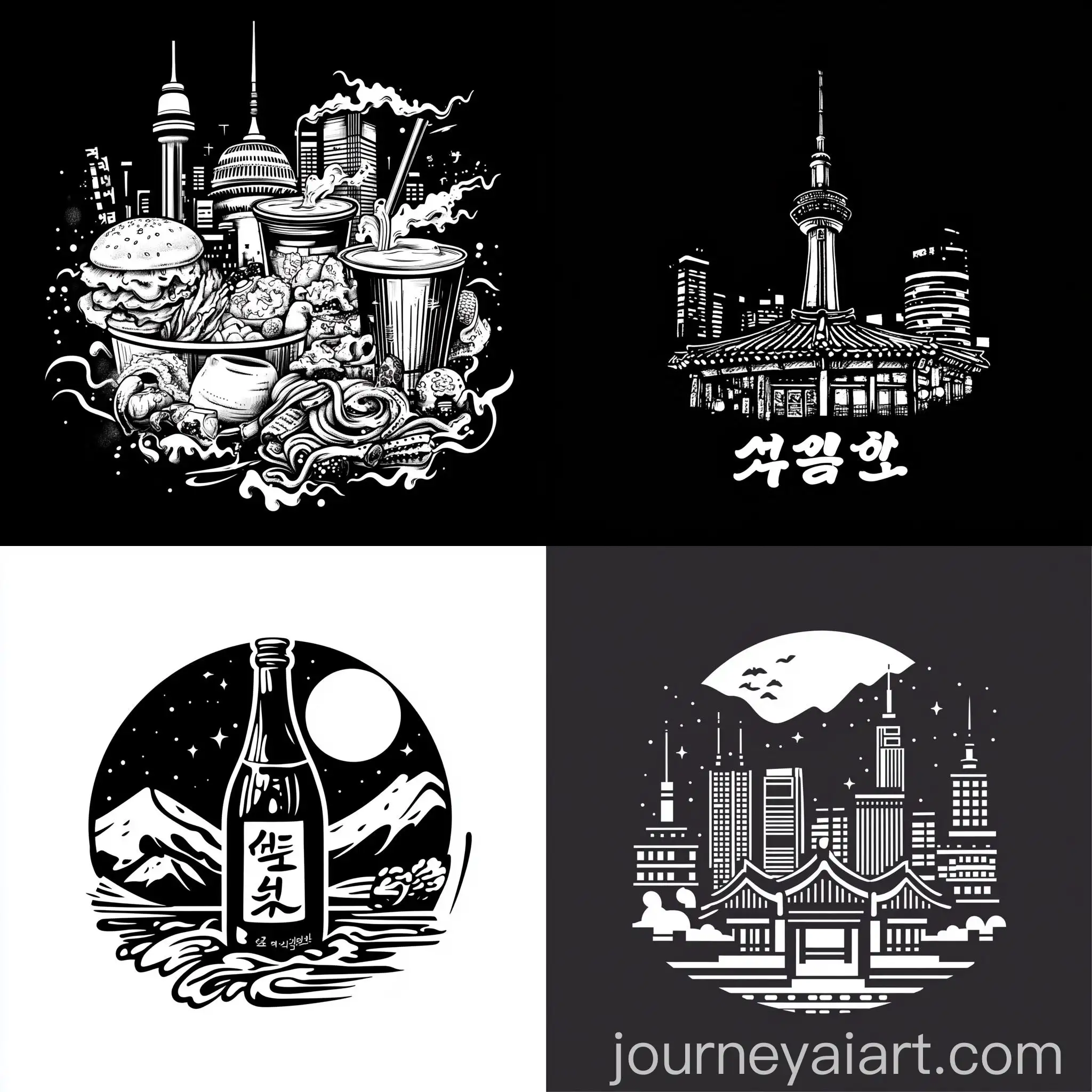 Realistic-Black-and-White-Logo-Design-of-Seoul-by-Night-with-Korean-Cultural-Elements