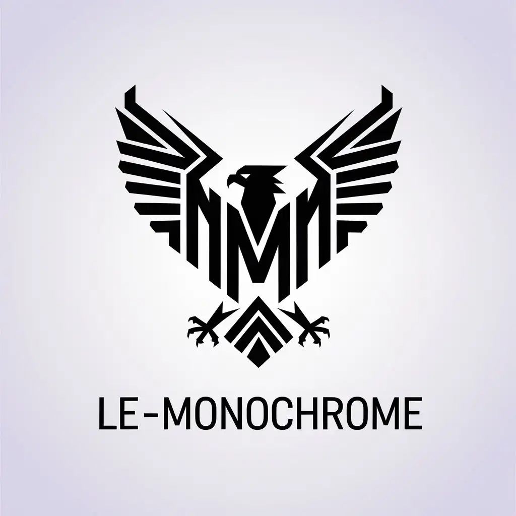 a vector logo design,with the text "Le-Monochrome", main symbol:The minimal logo for Harpy Eagle should Blend with Letter M,Minimalistic,clear background