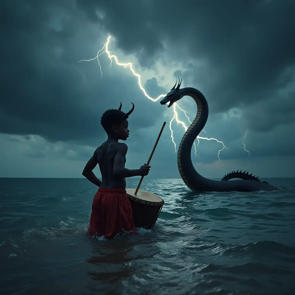 shirtless black boy with horns red pants at sea playing african drums dark clouds lightning big black snake with horns  in sea