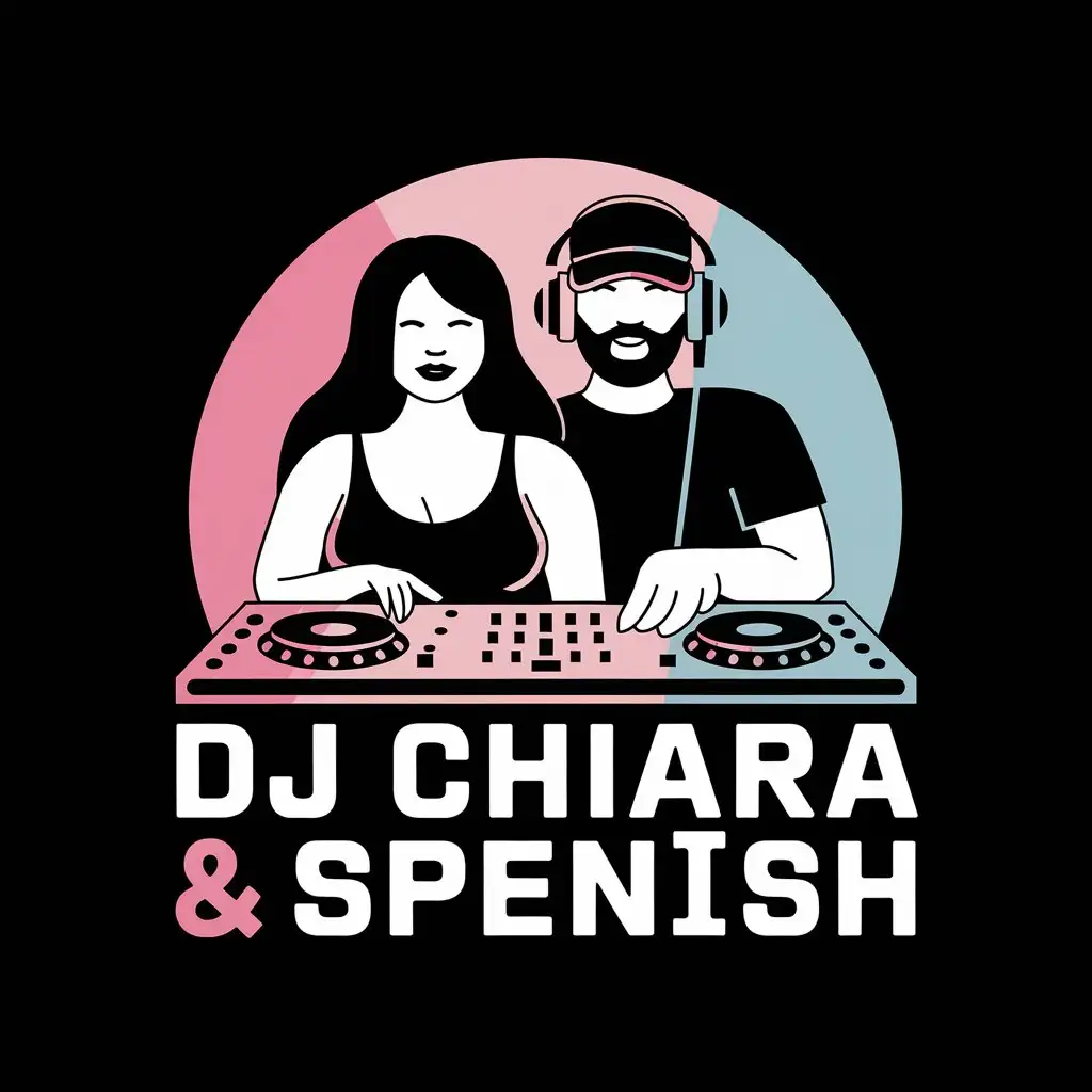 LOGO Design for DJ Chiara Spenish Curvy White Woman DJ White Man with Beard in Console with Pink and Black Colors