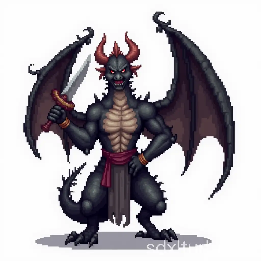 Generate a A single character, 32-bit, sprite of a dragon boss themed around dark medieval times. The image will Use a solid white background.