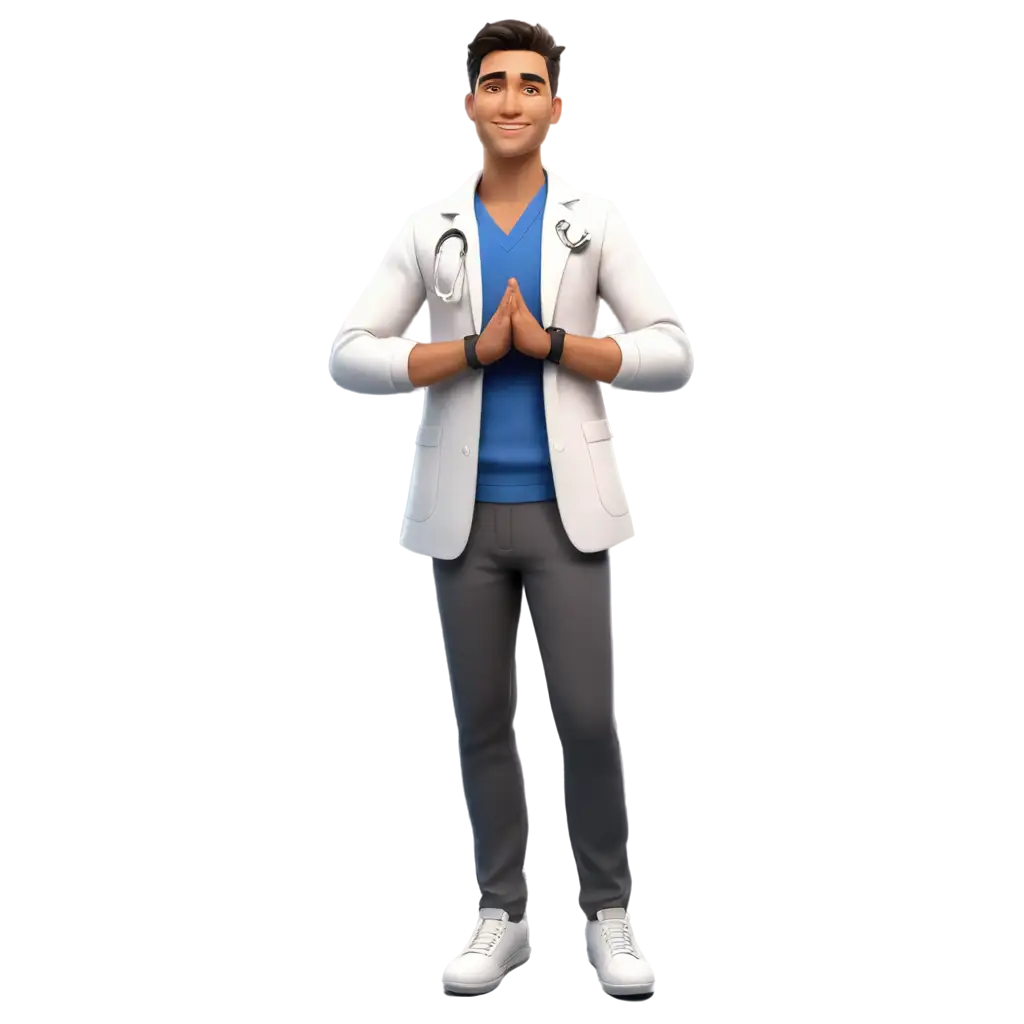 A 3D render of a confident physical therapist of Indian origin standing tall. The therapist is wearing a white coat and his hands are folded. The background has the words love, compassion, dedication, balance, strengthening, training, mobility, assistance, wellness, rehabilitation, healing, exercise, learn.