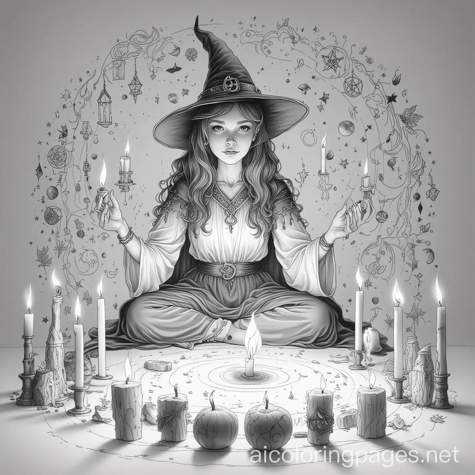 A witch summoning a spirit from a glowing crystal, surrounded by magical symbols and floating candles, Coloring Page, black and white, line art, white background, Simplicity, Ample White Space. The background of the coloring page is plain white to make it easy for young children to color within the lines. The outlines of all the subjects are easy to distinguish, making it simple for kids to color without too much difficulty