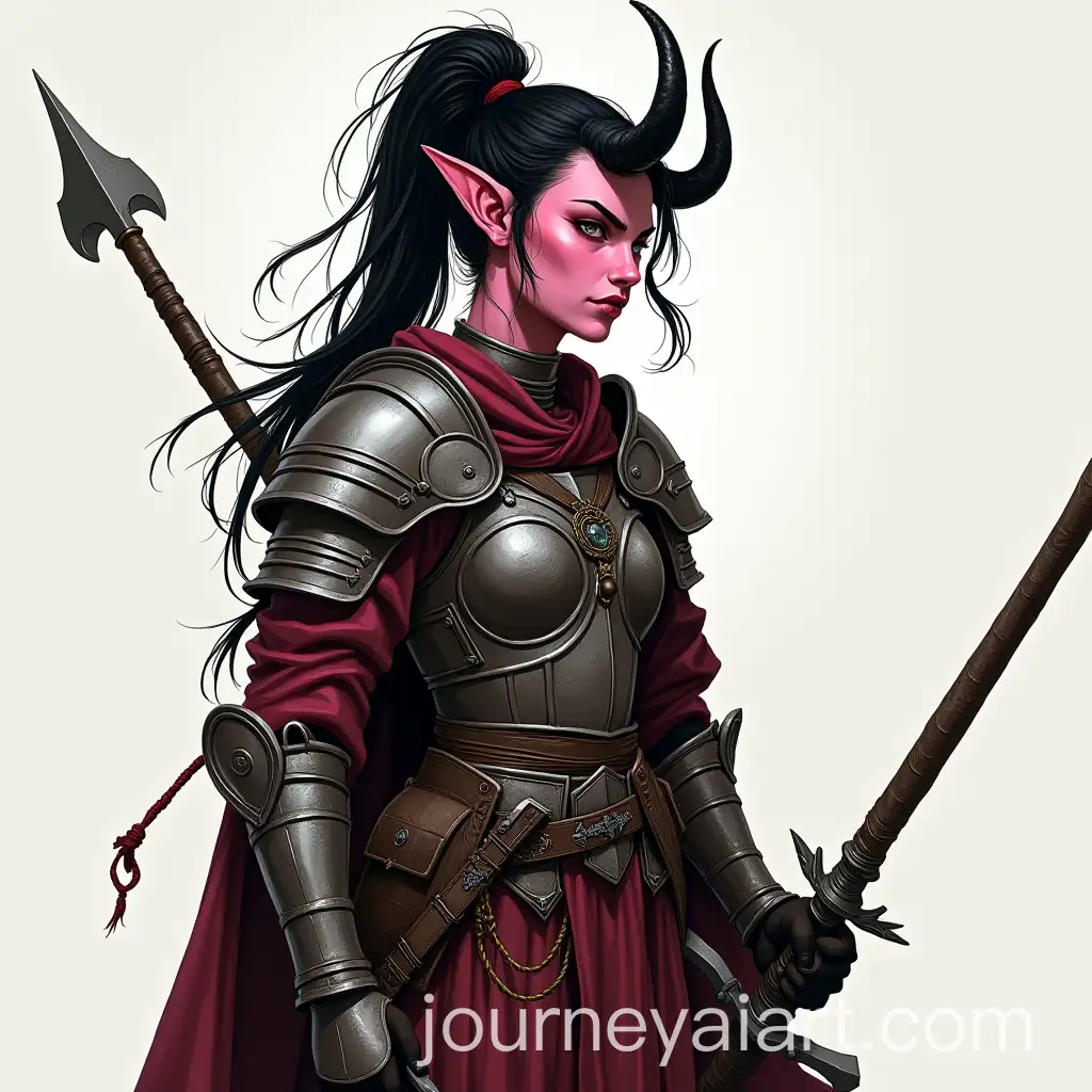 Tiefling-Barbarian-Warrior-in-Combat-Armored-Light-Pink-Skin-Black-Horns-Glaive-Weapon