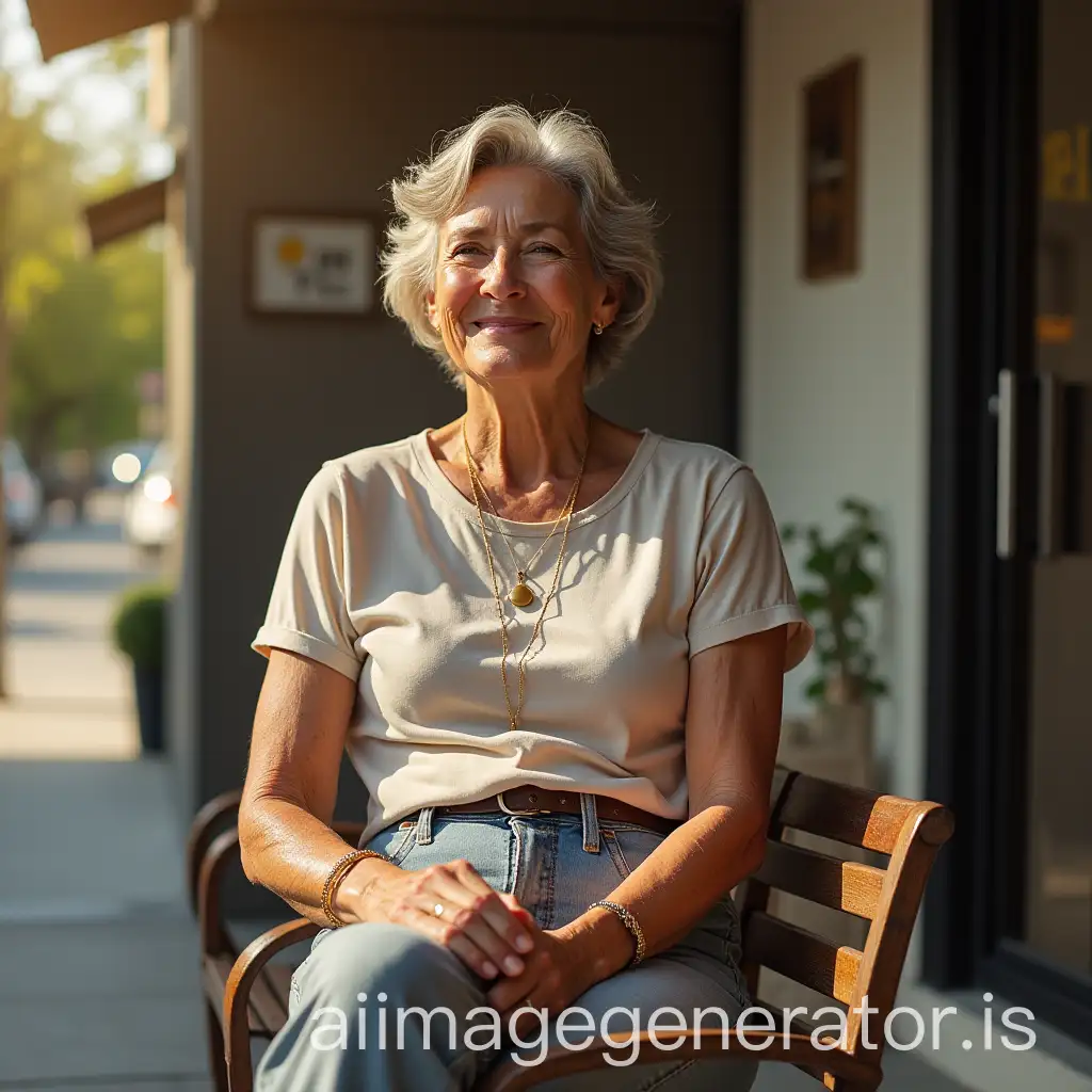 a Latin woman in her 60's sitting on a bench with her back resting against the wall, outside a salon, full body shot and her face illuminated by the morning sun rays, showing harmony and happiness she feels at that moment.