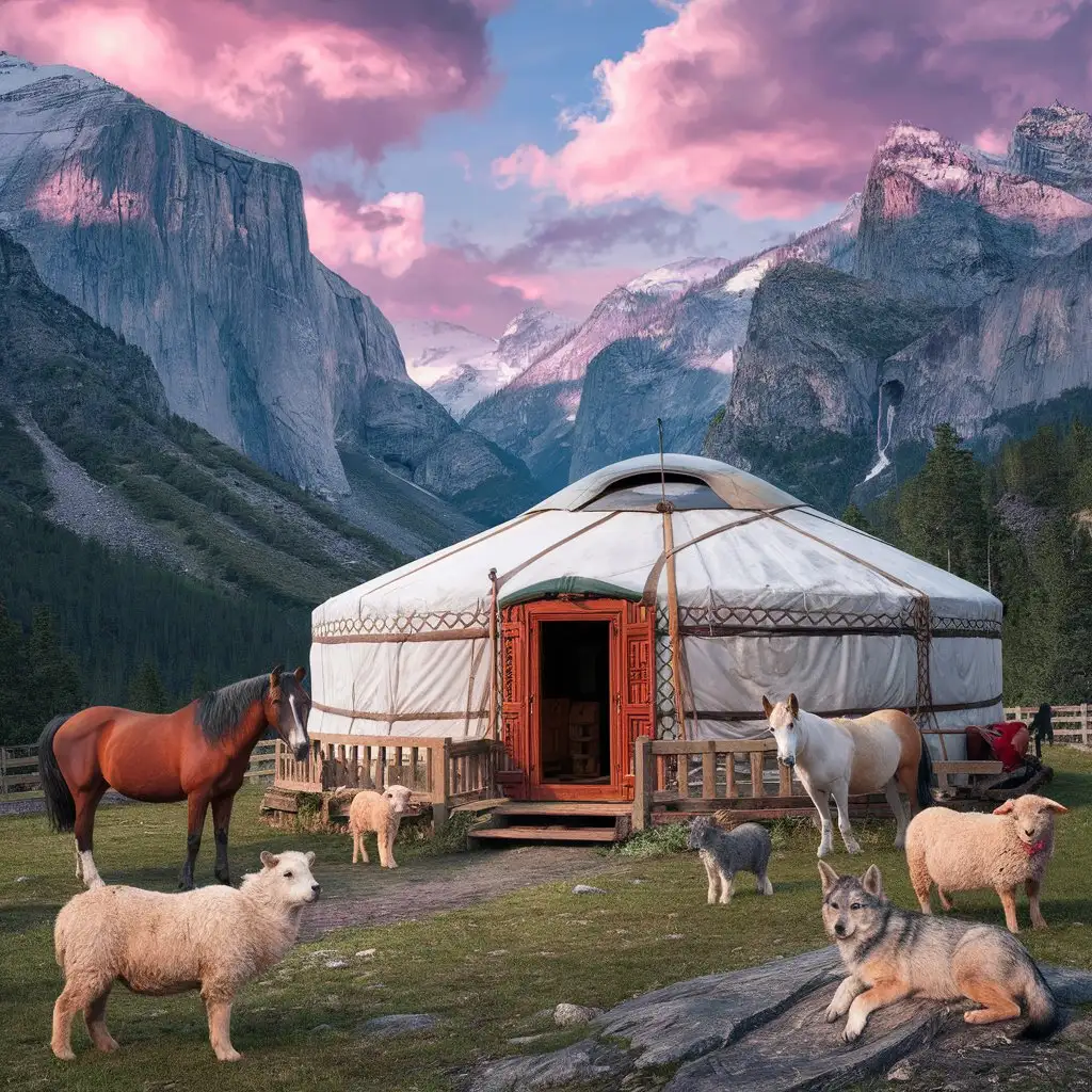 Highland Landscape with Yurt and Grazing Animals