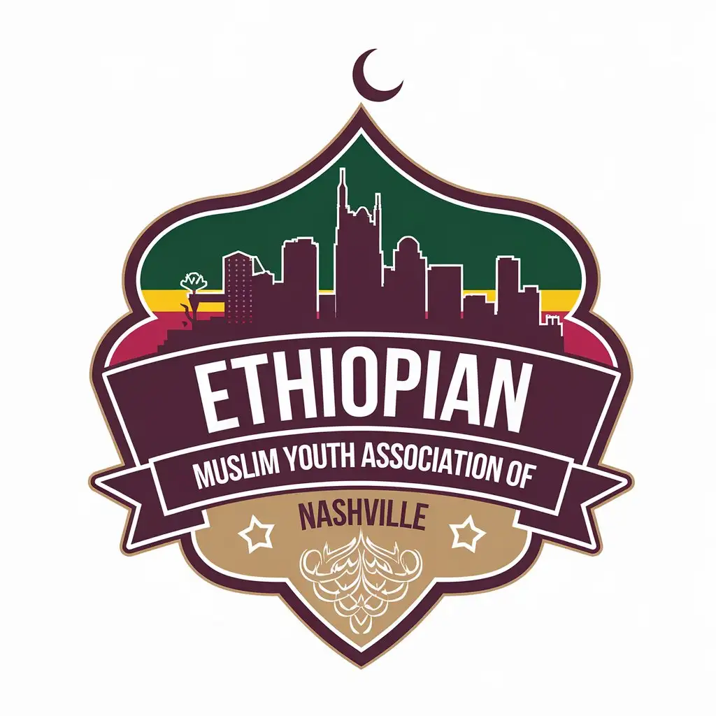 LOGO Design for Ethiopian Muslim Youth Association of Nashville Nashville Skyline with Ethiopian Flag Colors and Islamic Art