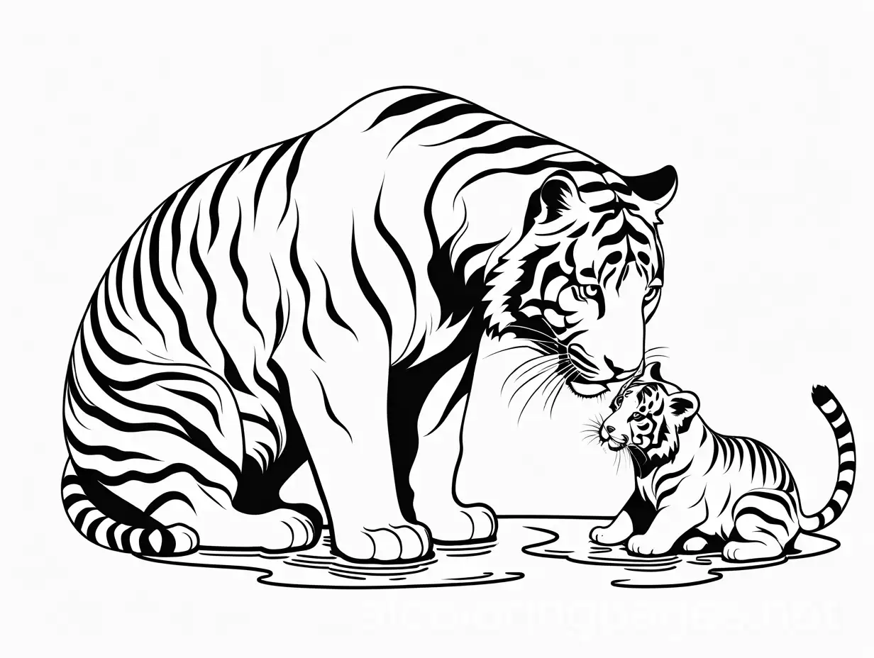 Baby-Tiger-and-Mother-Drinking-Water-in-Simple-Line-Art