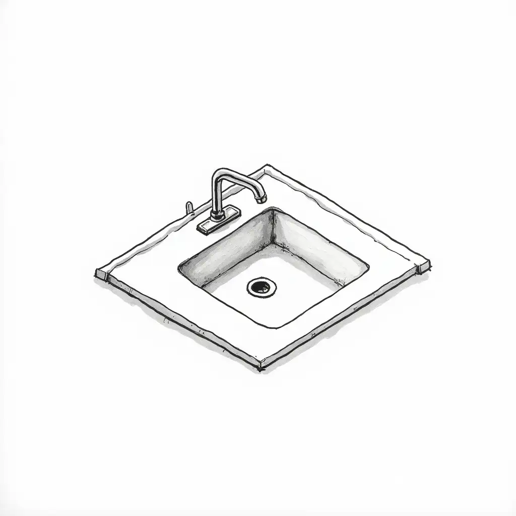 Isometric-Pen-and-Ink-Drawing-of-Postmodern-Kitchen-Sink-Floating-in-White-Space