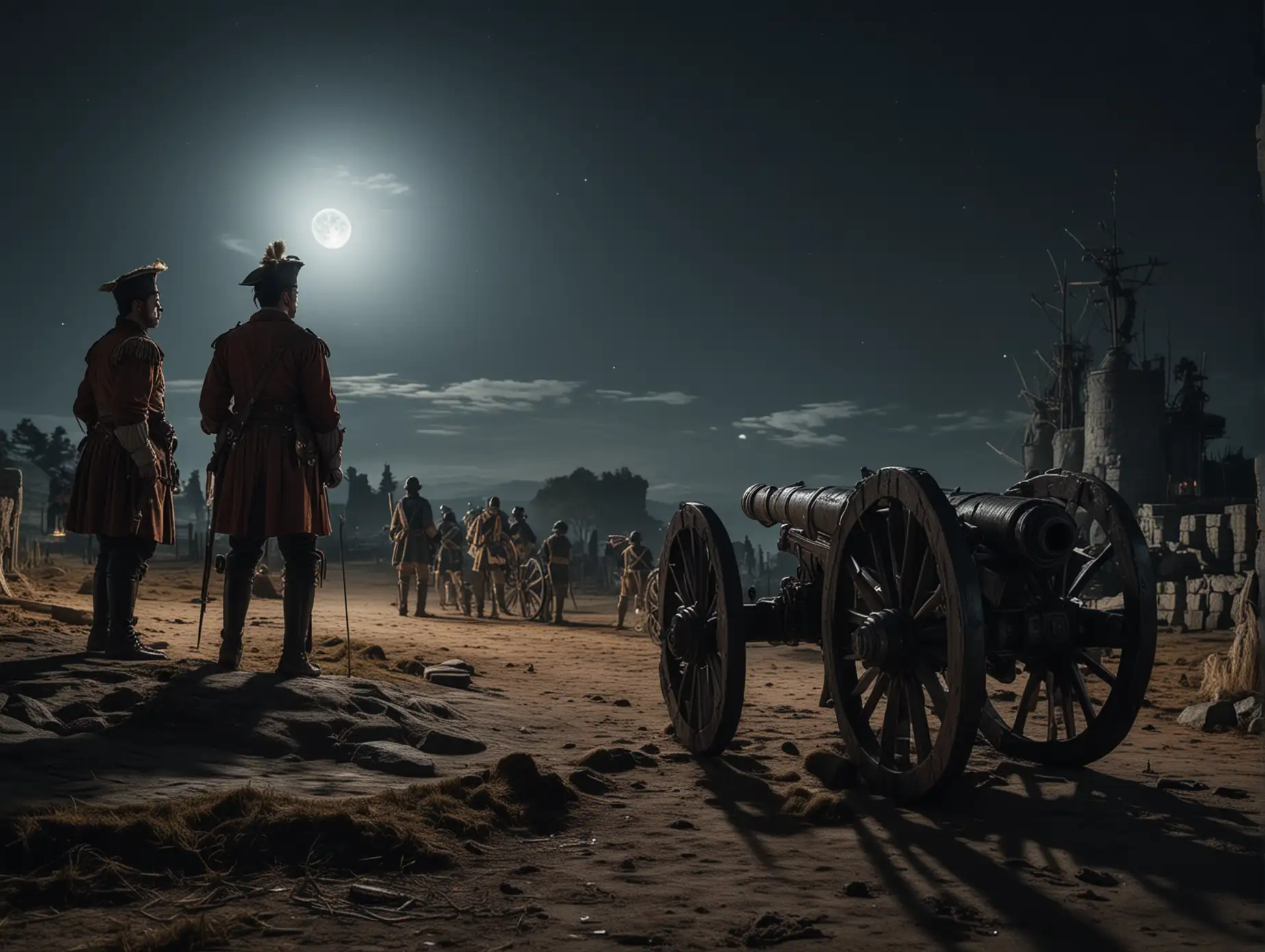 An epic and fantasy scene from 17th century featuring  two XVII century cannon toward us and two soldiers standing aside, outside at night, only moon light and torchrd, high-detailed, photo realistic, intricate details, cinematic view, depth of field, fujifilm xt3, raw photo, 8k uhd, film grain