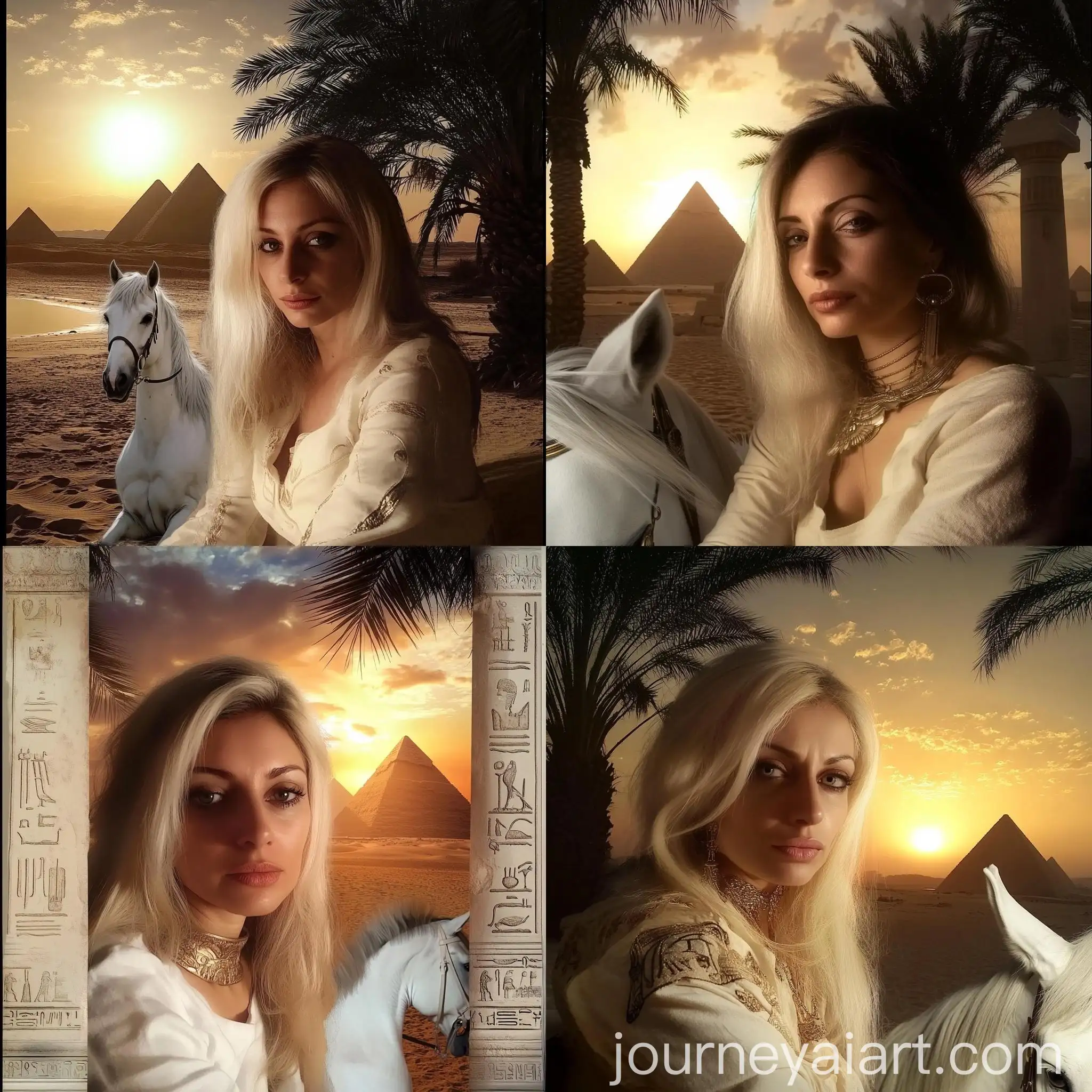 Cleopatra-Riding-White-Horse-at-Sunset-in-Sahara-Desert