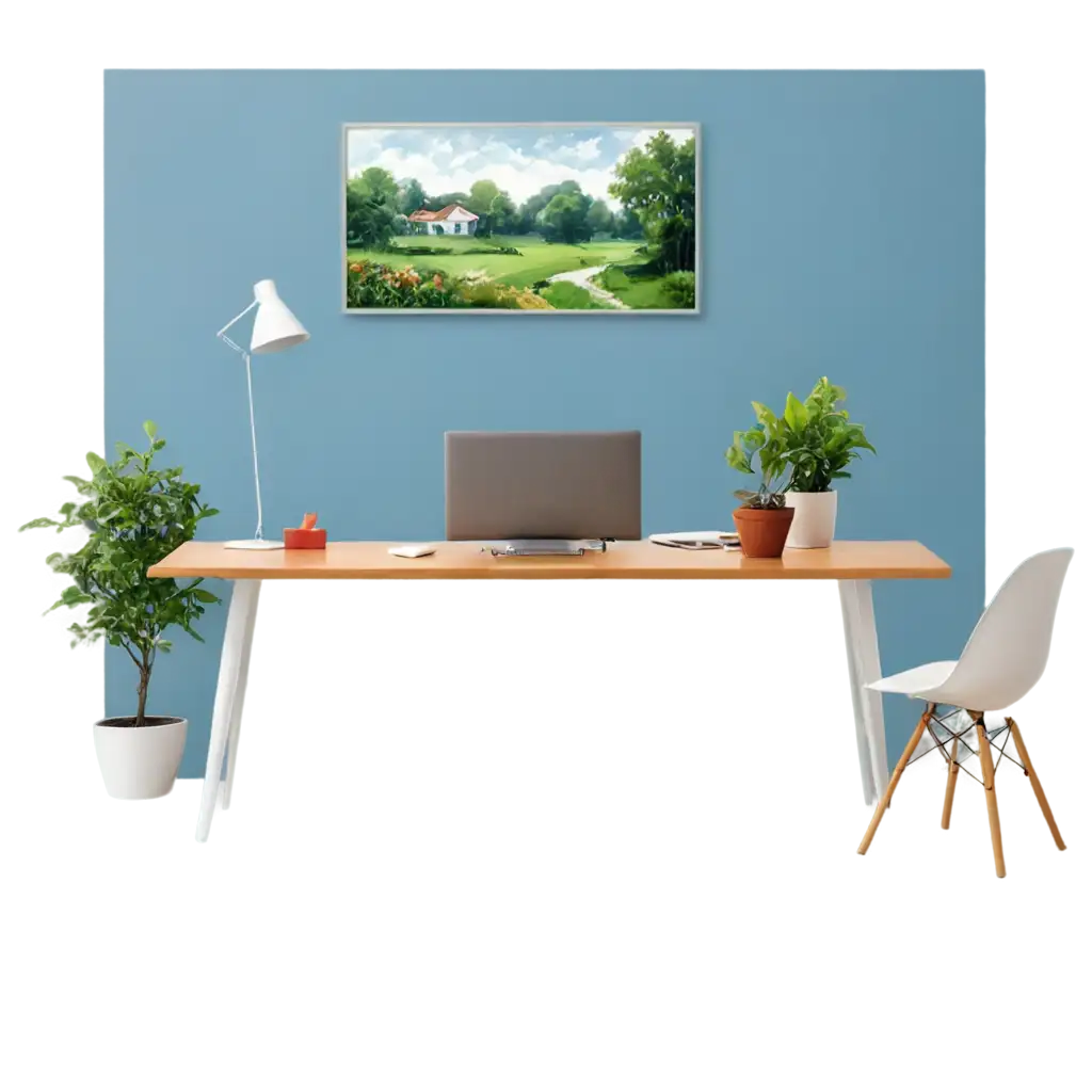 Blue-Wall-Office-Background-with-Garden-Painting-PNG-for-Professional-Use