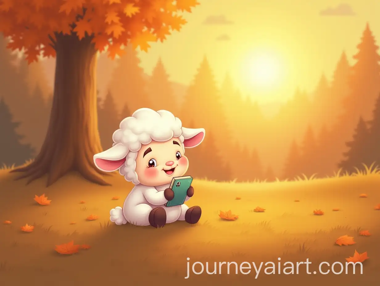 Cartoon-Lamb-Playing-with-a-Phone-on-an-Autumn-Day