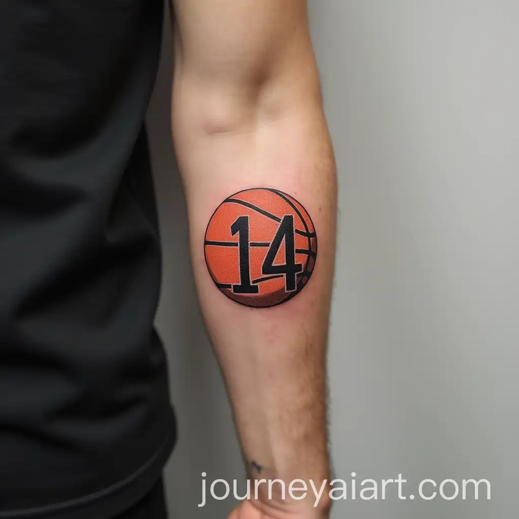 Minimalist-Forearm-Tattoo-Design-of-the-Number-Fourteen-Inside-a-Basketball
