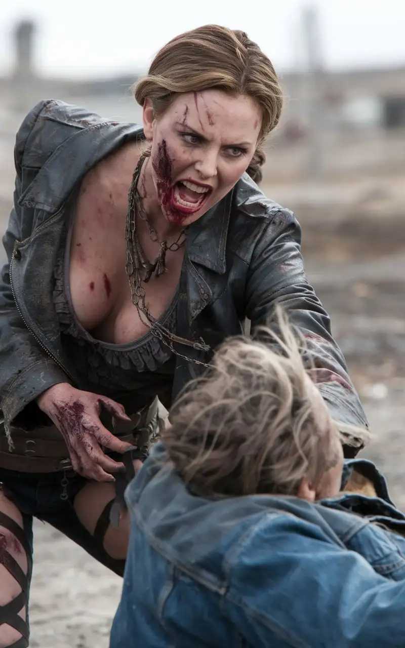 Charlize-Theron-as-a-Zombie-with-Angry-Expression-Attacking-a-Victim-in-HighHeeled-Sandals