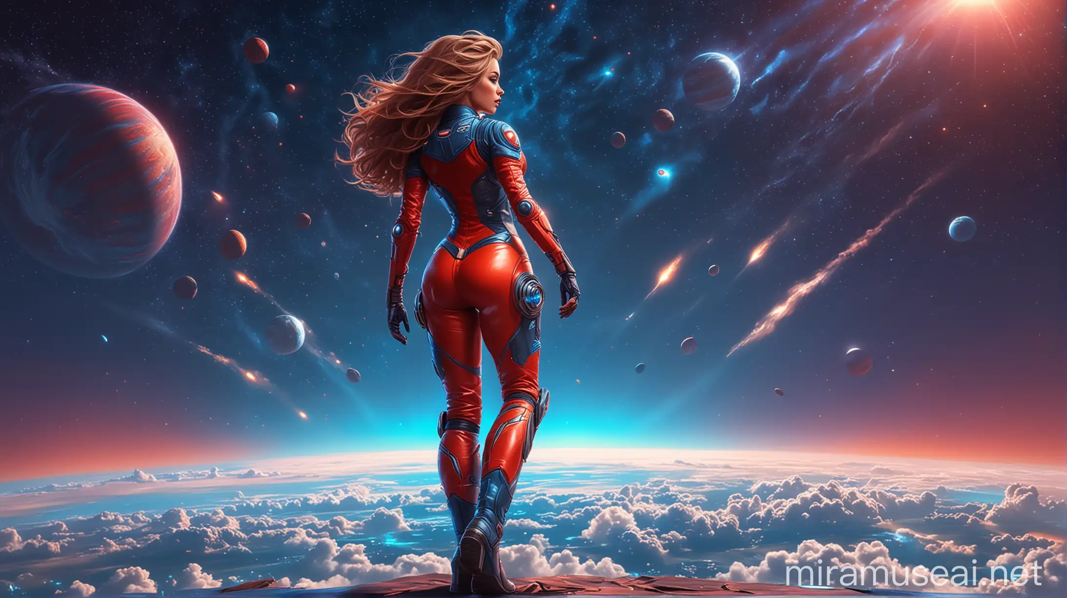 Futuristic Fitness Woman in ActionReady Spacesuit Amidst a Vibrant Starry Night