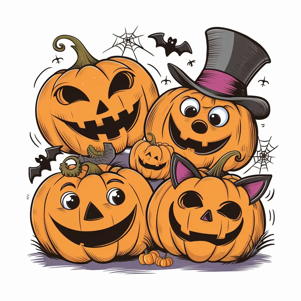 Cartoon Halloween Pumpkins with Spooky Faces and Jackolanterns