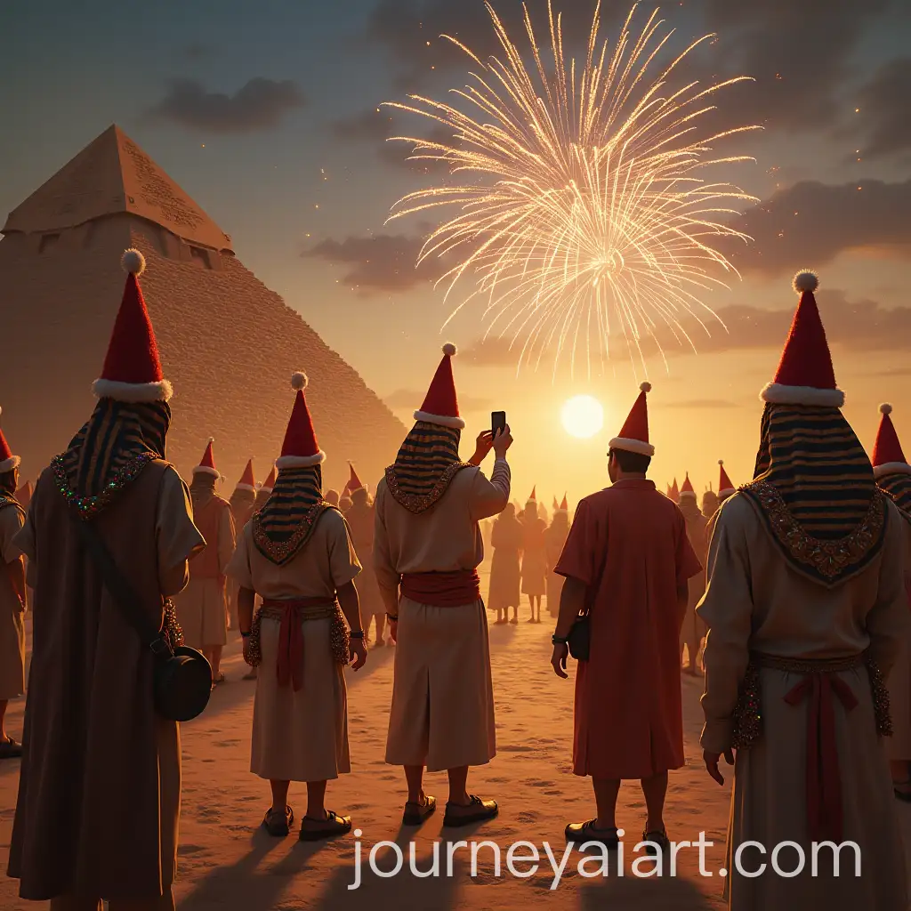 Modern-Tourists-in-Ancient-Egypt-with-NewAI-Image-Prompt-Expansion-Year-Decorations-and-Fireworks