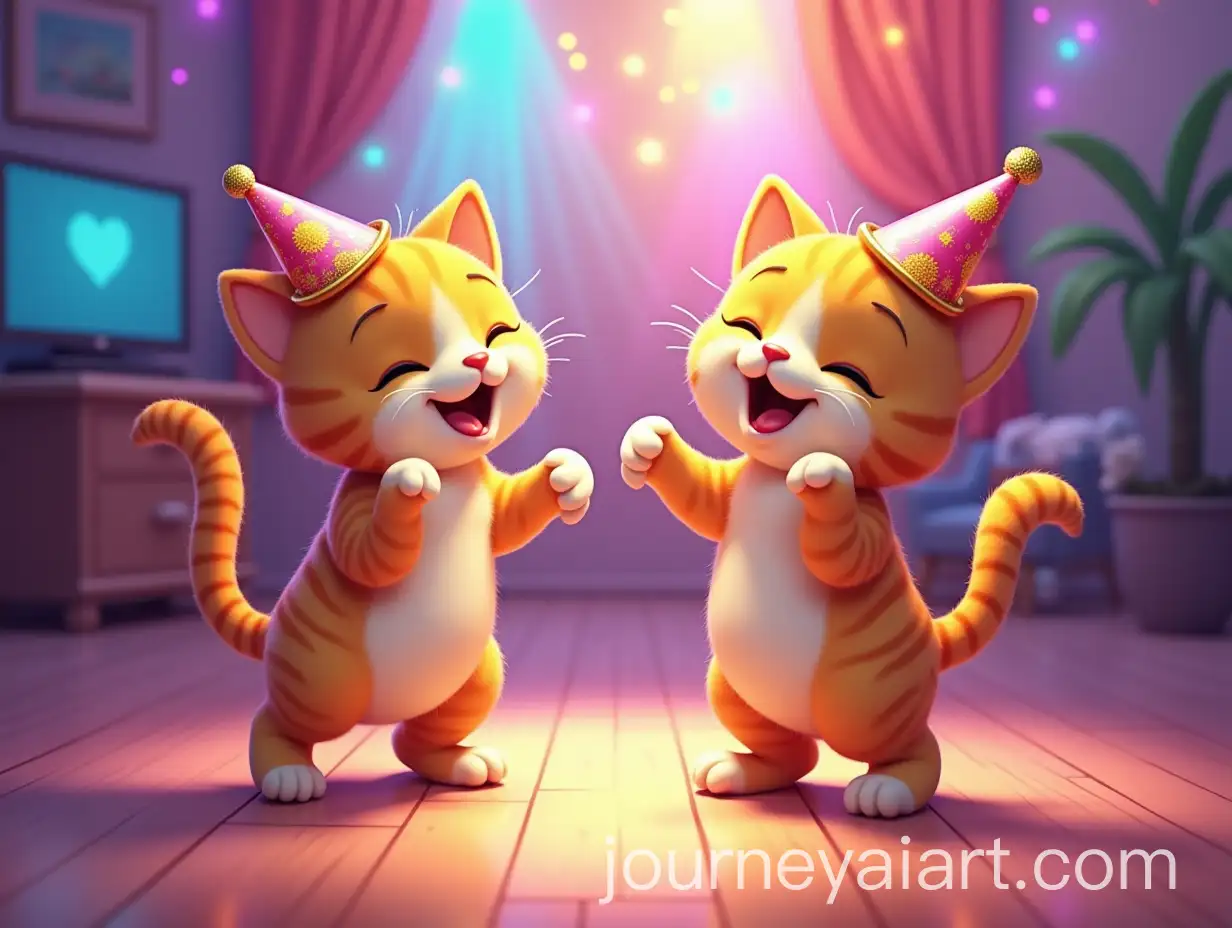 Two-Cute-Cats-Dancing-with-Party-Hats-in-a-Colorful-Disco-Room